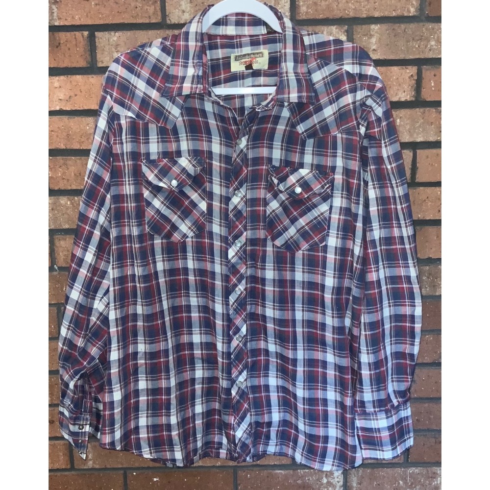 Youngbloods Mens Western Pearl Snap Shirt Red White Blue Plaid Long Sleeve XL